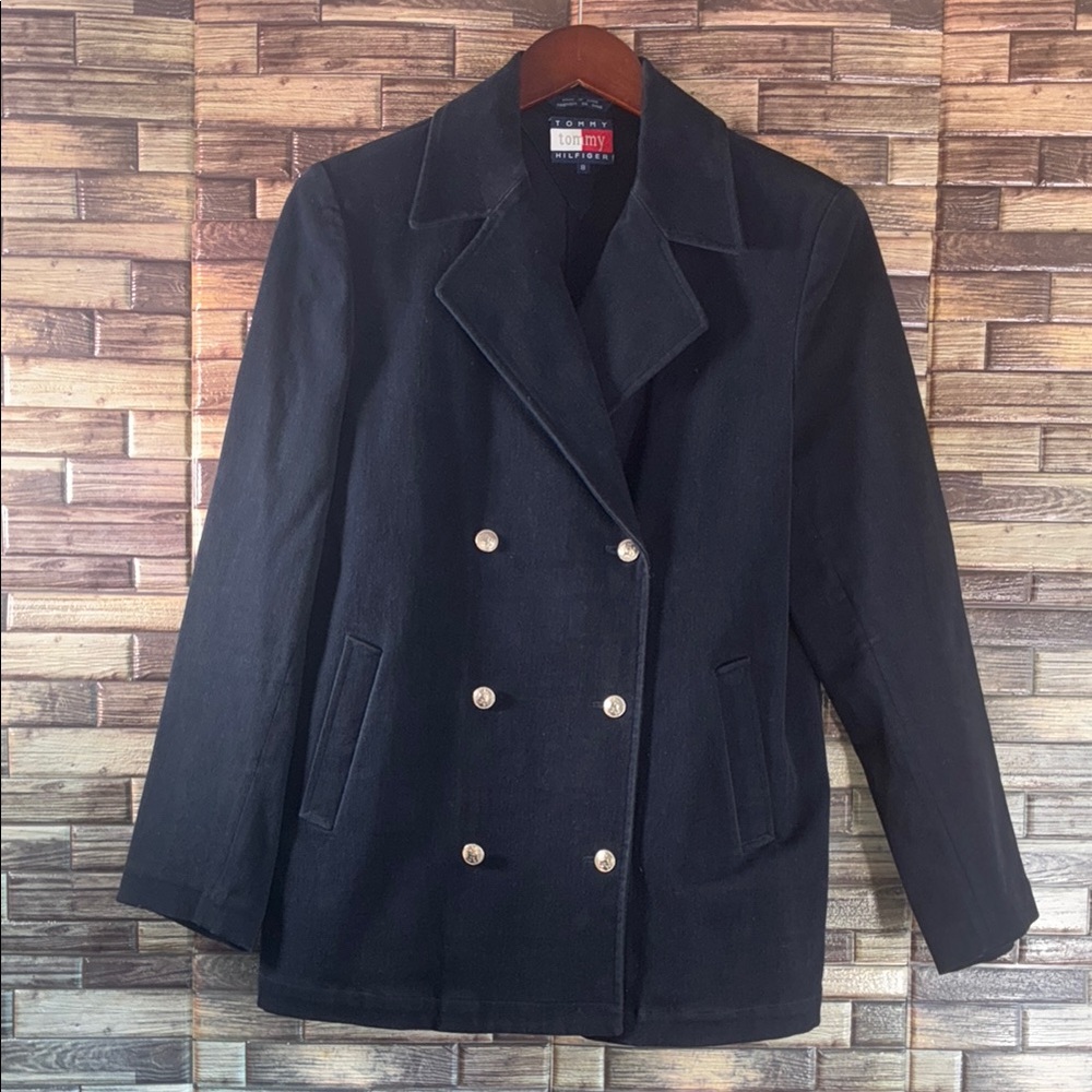 EUC Tommy Hilfiger Navy Pea Coat with Gold Buttons Cotton/Spandex Size 8